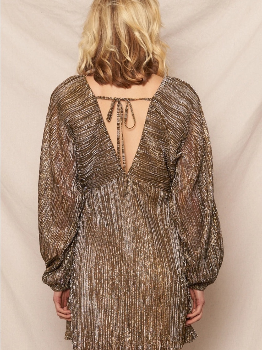 Metallic Gold Plissé V-Neck Mini Dress - Picture 3 of 3
